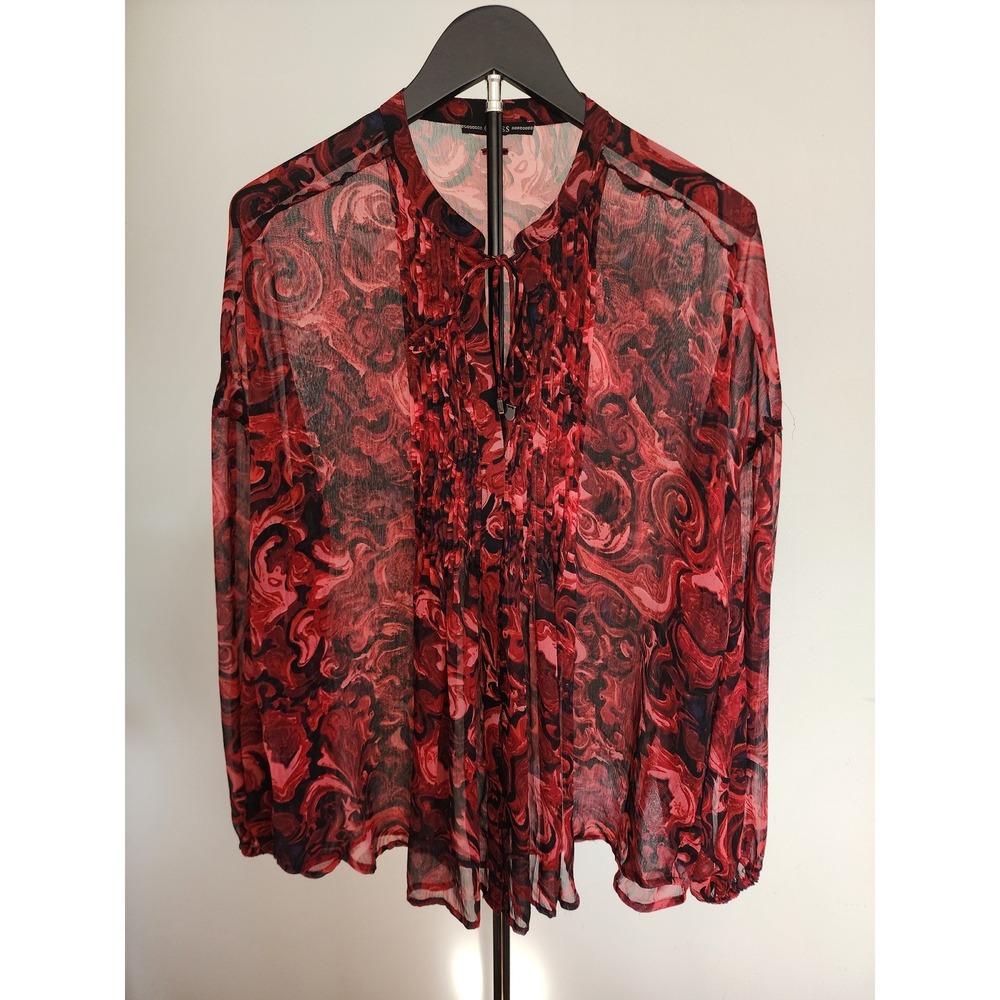 Guess Diamante Sheer Pleated Tie Neck Blouse Red Black Swirl Print Medium